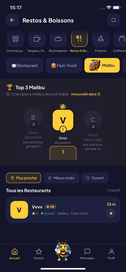 Capture d'écran de la catégorie Restos & Boissons dans l'application LASSİ