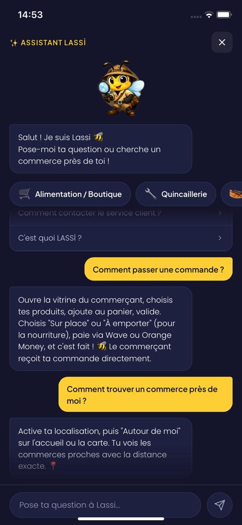 Capture d'écran de l'assistant Lassi dans l'application, qui répond en français et en wolof