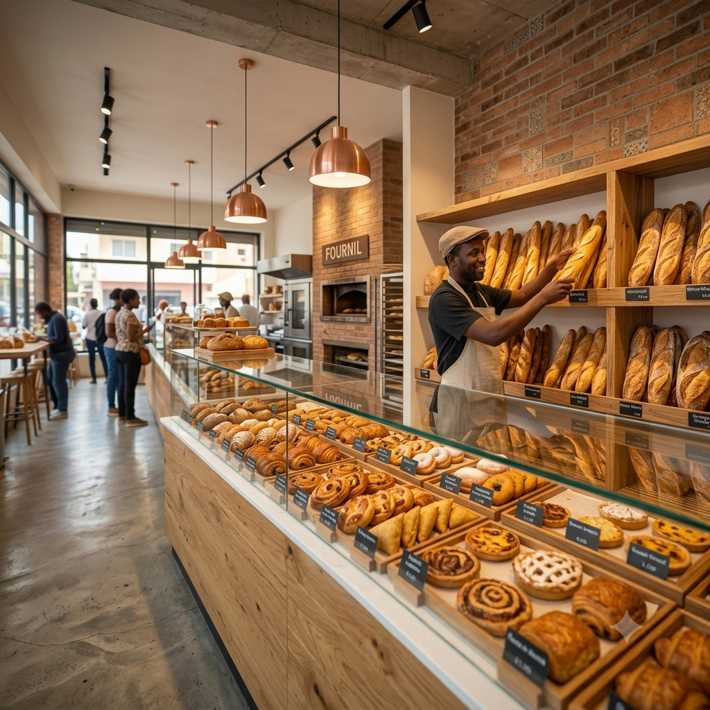 Boulangerie moderne avec pains et viennoiseries