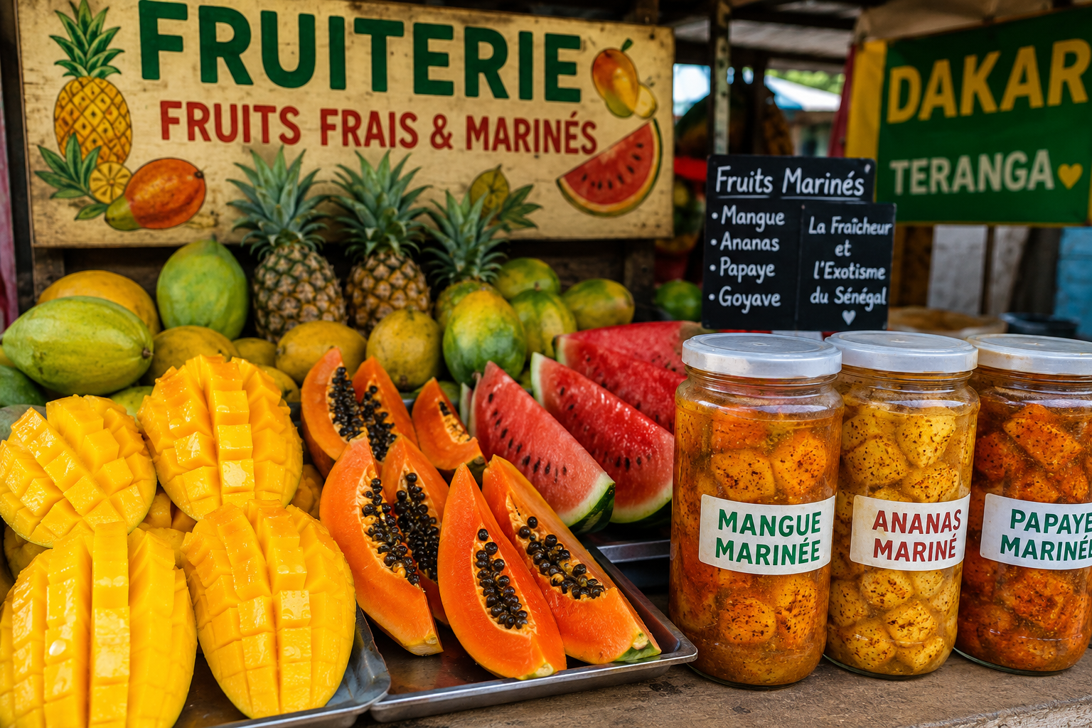 Étal de fruiterie avec fruits frais et marinés au Sénégal