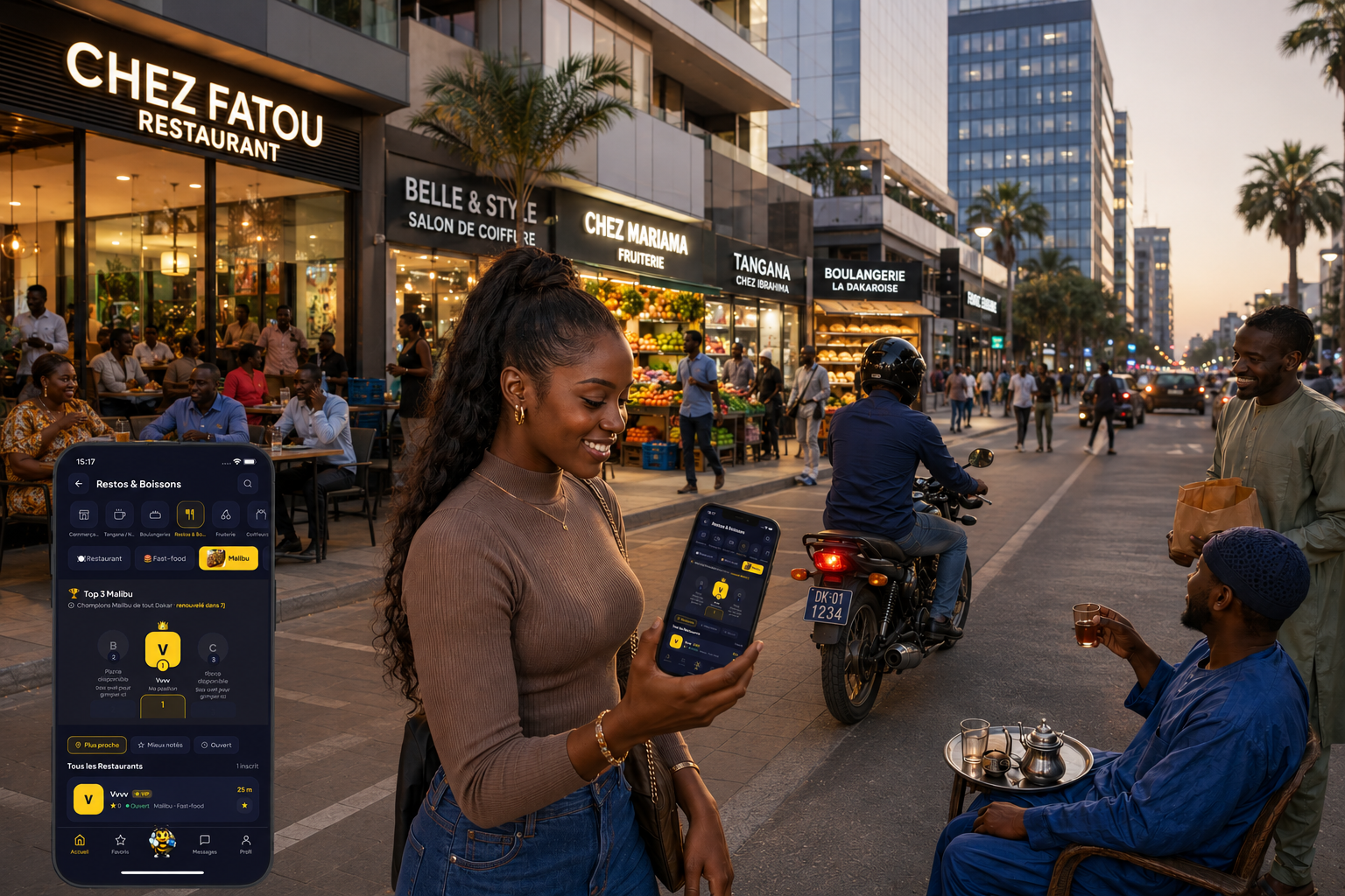 Une cliente consulte l'application LASSİ dans une rue commerçante animée de Dakar